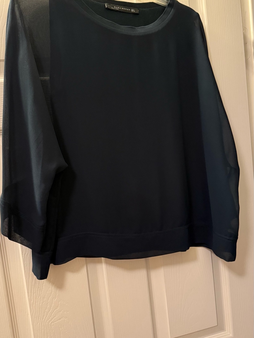 Zara Navy Sheer-Sleeve Pullover Top